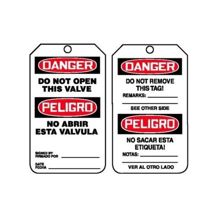 Accuform Safety Tags, DANGER DO NOT OPEN THIS VALVE Bilingual Spanish, 5.75in x 3.25in, PF-Cardstock, 25PK TSP160CTP